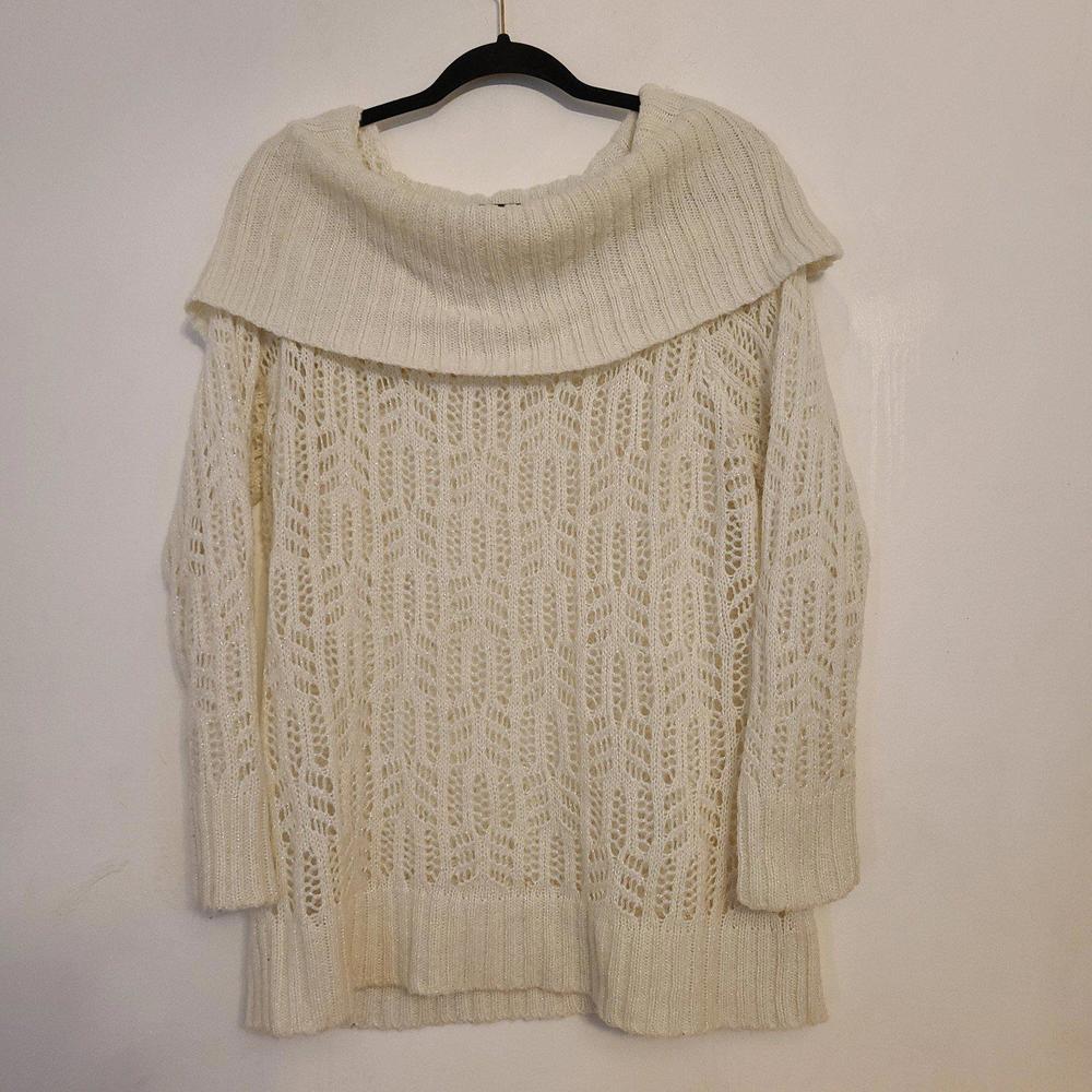 Women's New Directions Ivory Sparkle Cowl Neck Crochet Sweater Shirt 1X